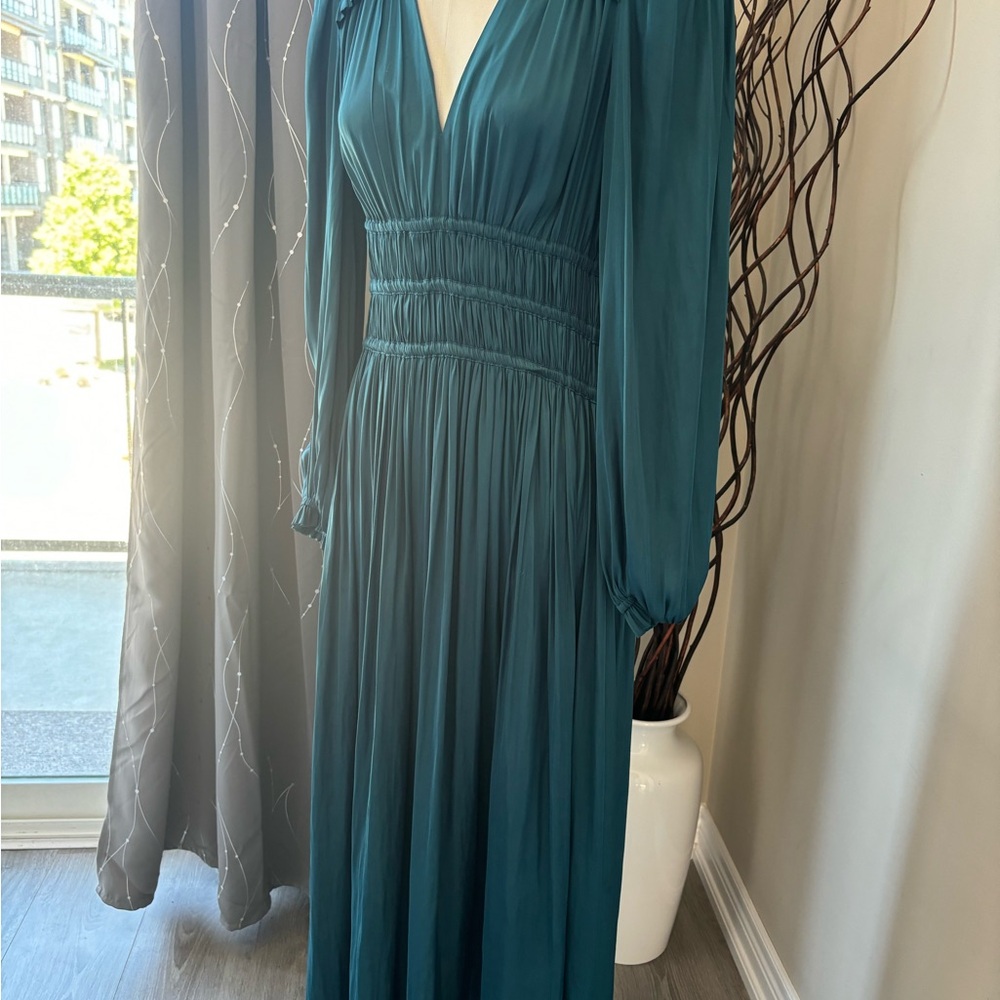 Maje Green Pleated Gown with Bishop Sleeves